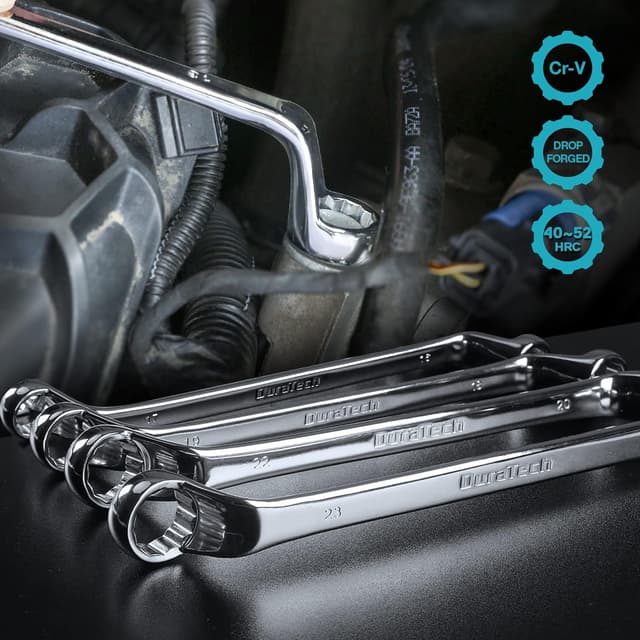 Detalle de DURATECH set di chiavi a doppio anello sfalsate 9 pezzi metriche 6–23 mm (75°) in acciaio cromo-vanadio con custodia per rotolo