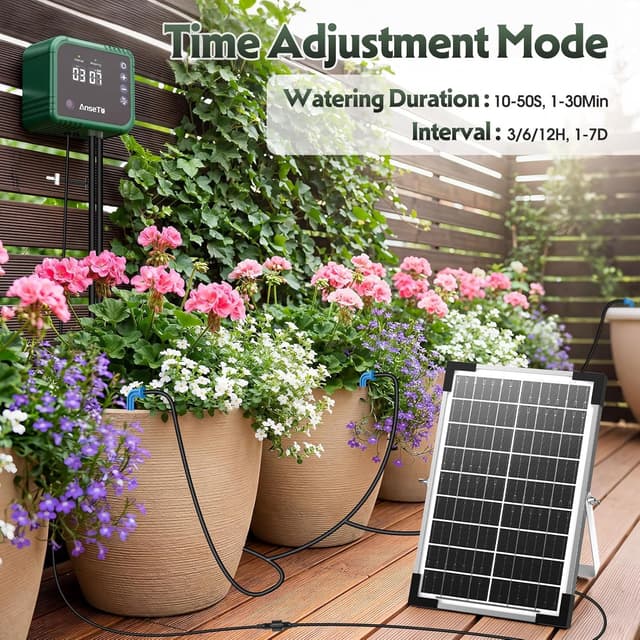 Detalle de AnseTo Arrosage goutte à goutte solaire 8 W avec minuterie – kit d’irrigation 35 m et 30 goutteurs