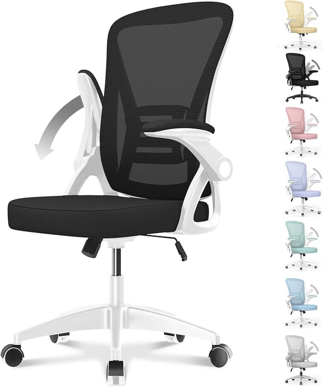 Imagen de naspaluro Sedia da ufficio ergonomica con schienale in rete, braccioli regolabili a 90° e supporto lombare (bianco) en OfertitasTOP