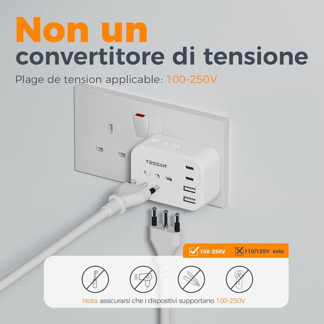 Thumbnail 6 de TESSAN adattatore presa inglese 7 in 1 con 2 USB-C e 2 USB-A (Tipo G) fino a 3.250 W