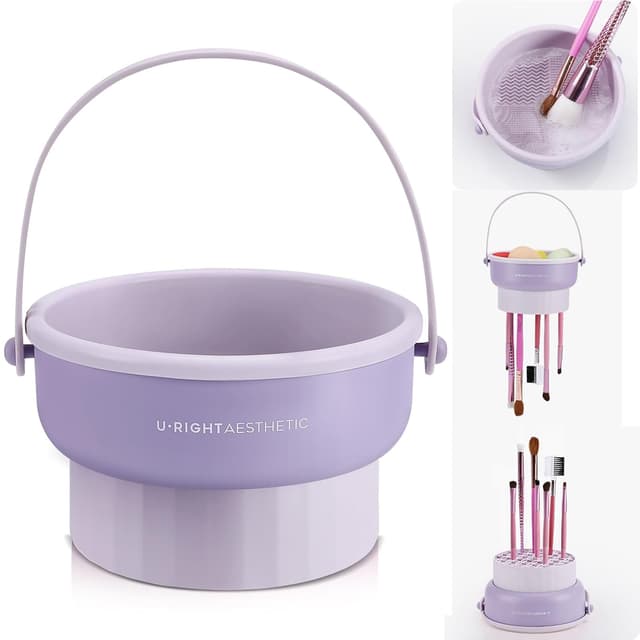 Detalle de Makeup Brush Cleaner Mat 3-in-1 Silicone Bowl for Washing, Upside-Down Drying & Storage (Purple)