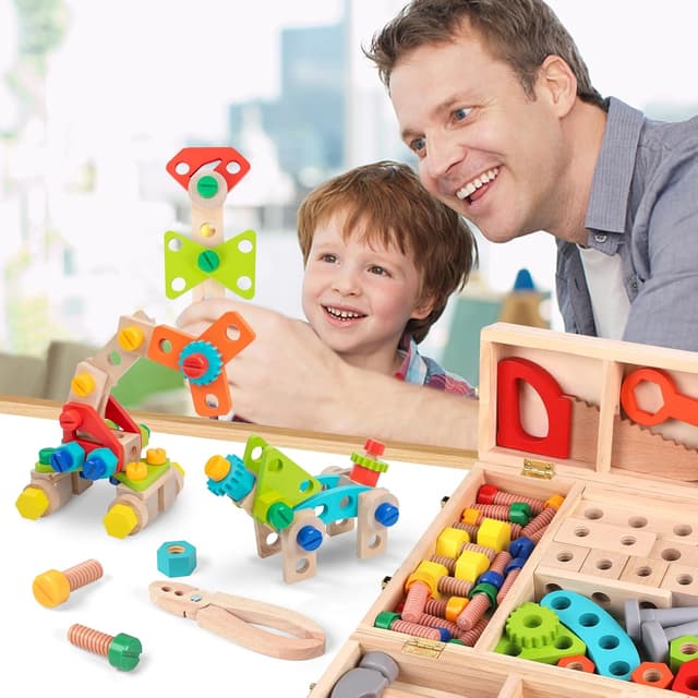 Detalle de Wdmiya Wooden Toys Kids Tools Set (65 PCS) for Ages 2+ — Wooden Tool Box Pretend Play