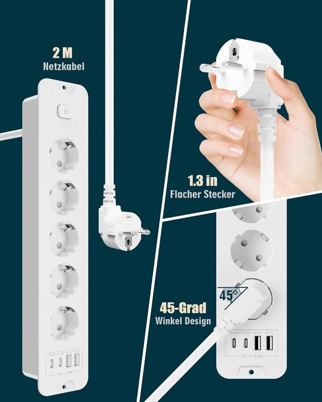 Detalle de Inhwatek Steckdosenleiste mit USB (PD 20W) – 5-fach Einbausteckdose 9-in-1 mit 2 m Kabel, 16A/4000W