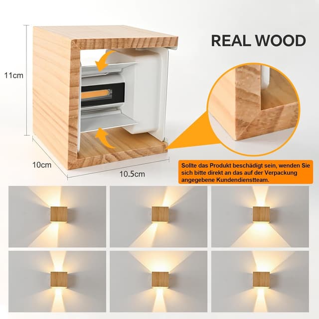 Detalle 2 de Doughelec LED-Wandleuchte aus Holz, 6 W, 3000 K warmweiß – innen, IP20, up & down, einstellbarer Abstrahlwinkel