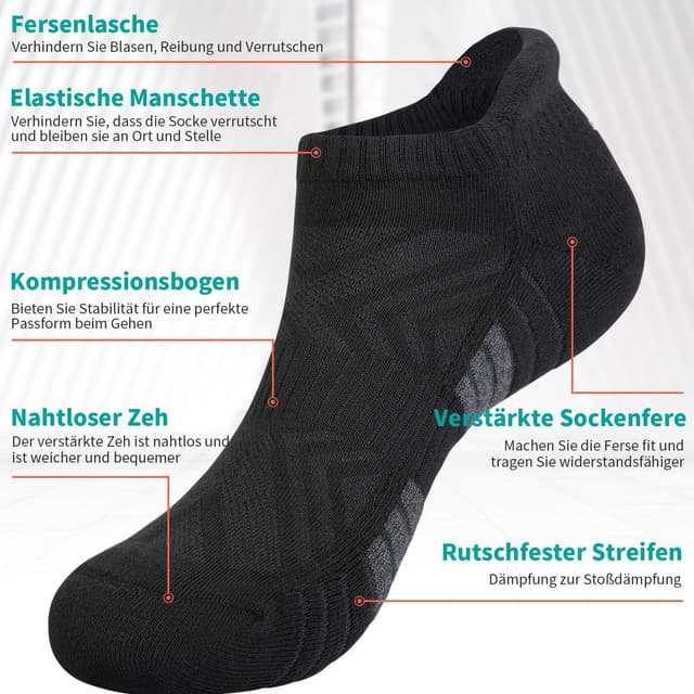 Detalle de anqier 6 Paar Sneaker-Socken atmungsaktiv aus Baumwolle – kurz, leicht gepolstert (Schwarz/Weiß/Grau)