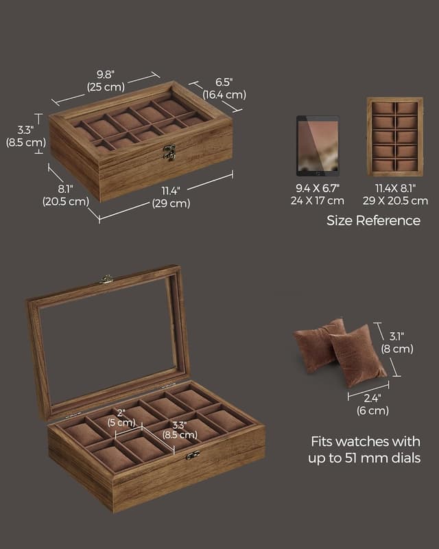 Detalle de SONGMICS JOW100K01 10-slot solid wood watch box with large glass lid