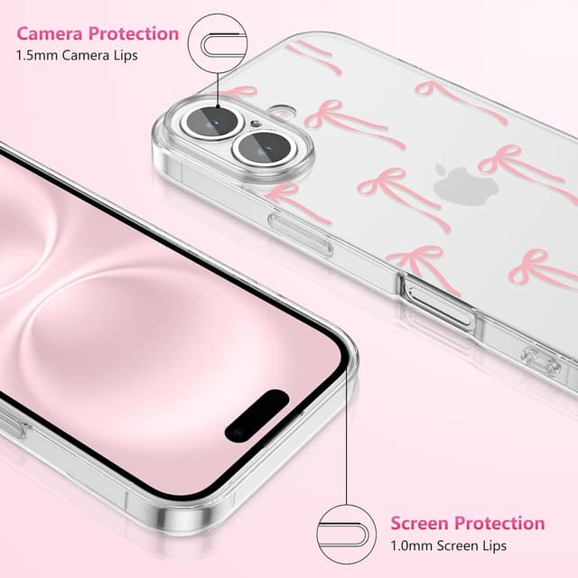Detalle de ZTOFERA Durchsichtige Hülle für iPhone 16 Plus (6,7") mit Schleifenmuster – weiches TPU, stoßfest, hellrosa