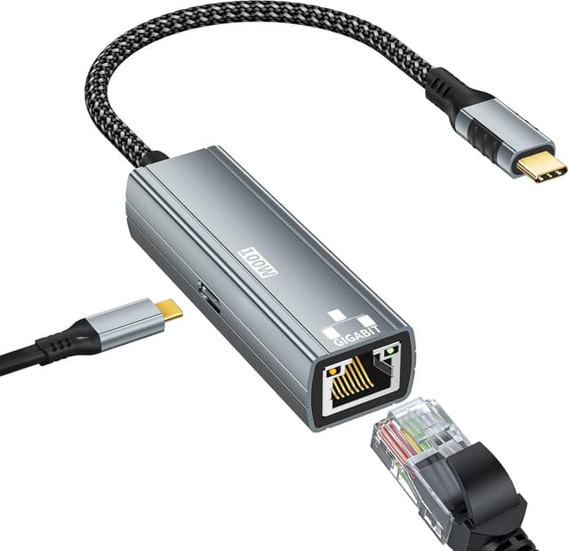 Detalle de Esiposs 2-in-1 USB-C auf Gigabit-Ethernet Adapter mit 100W Power Delivery (RJ45) – 1 Gbit/s, Grau