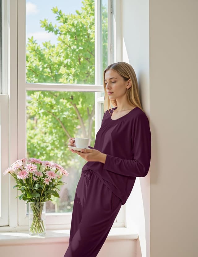 Detalle de Ensemble de pyjama femme hiver Uniexcosm – 2 pièces coton col montant manches longues