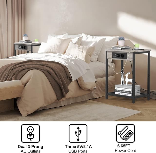 Detalle 2 de YBING Nachttisch mit Ladestation (schmal) – 2 Steckdosen & 2 USB-Anschlüsse, schwarz