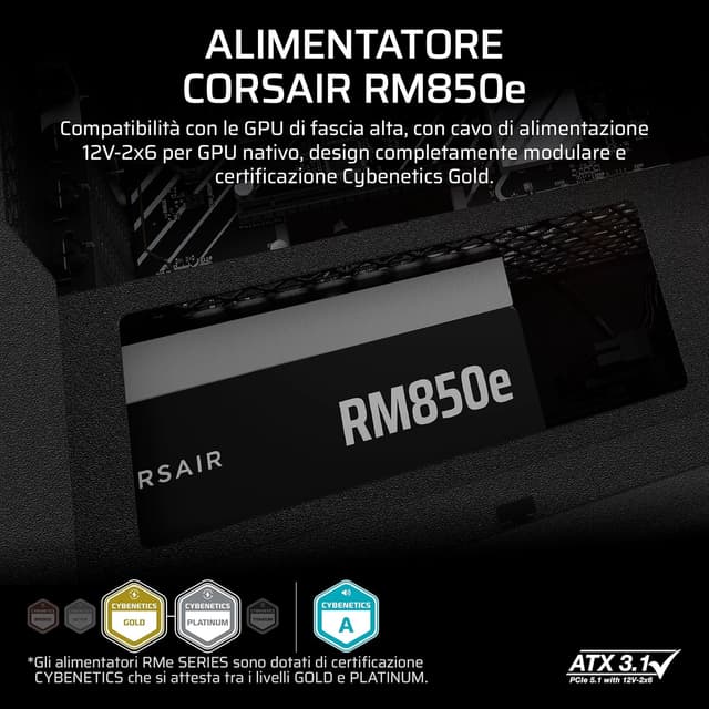 Detalle de Corsair RM850e (2025) — Alimentatore ATX completamente modulare 850W a basso rumore (ATX 3.1, PCIe 5.1)
