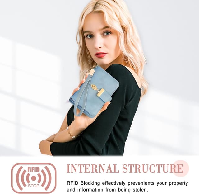 Detalle de Faneam Ladies Purse RFID Blocking Leather Wallet with Wrist Strap and 14 Card Slots