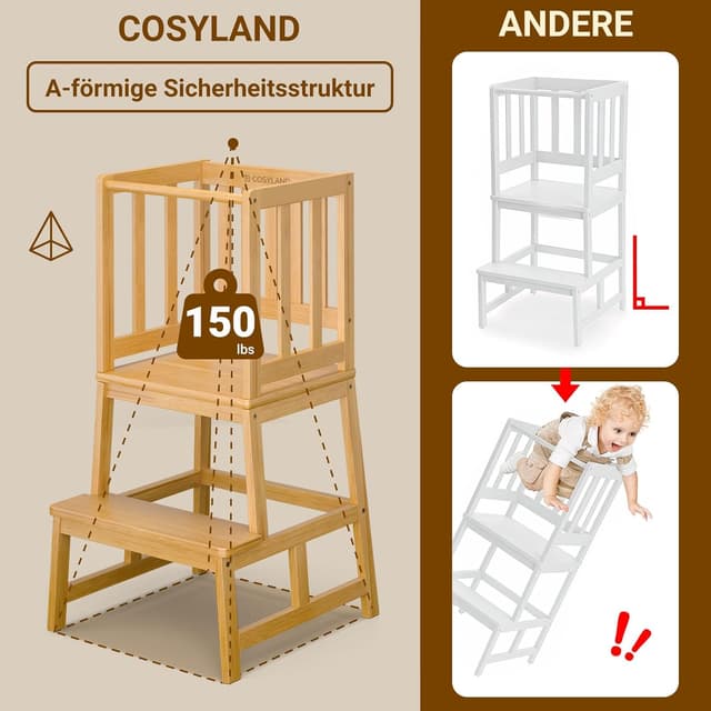 Detalle de COSYLAND Lernturm ab 1 Jahr (Montessori Learning Tower) in Naturfarbe – sicherer Kinder-Lernturm mit Geländern