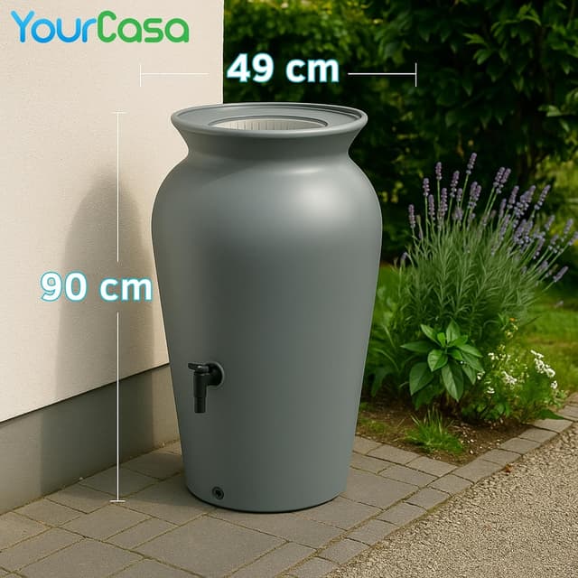 Detalle 2 de YourCasa Regentonne 120 Liter (frostsicher) mit Filterkorb & Wasserhahn – Grau