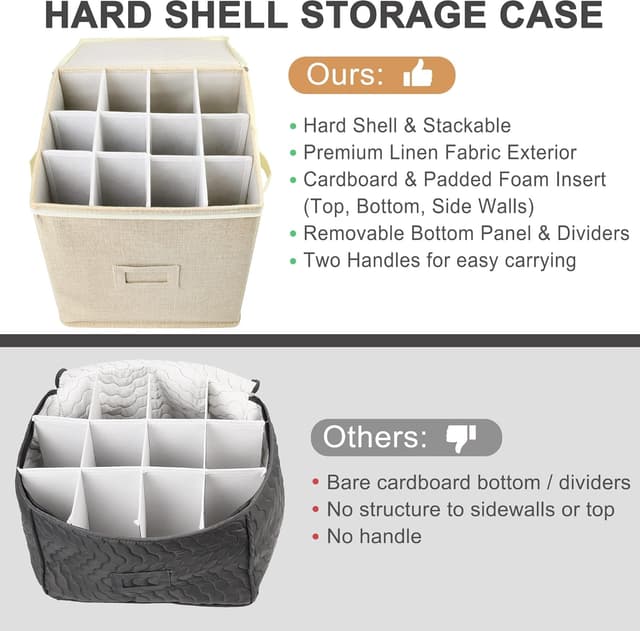 Detalle de LotFancy Champagne Flute Storage Container (12in Tall) — Quilted Hard Shell, Stackable Case with Dividers & Handles