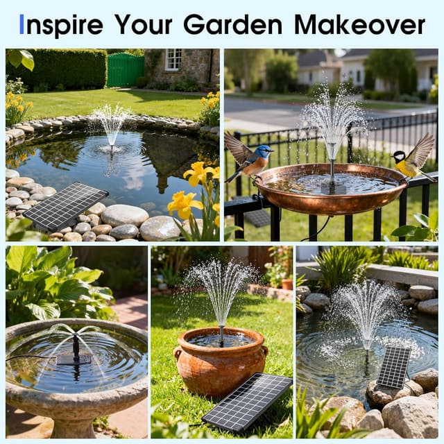 Detalle 2 de Biling 12W Solar Water Fountain with 5000 mAh Battery Backup – Floating Pond Pump with 10 Nozzles, 300 L/H