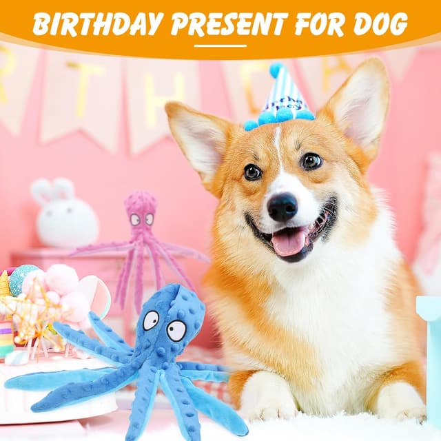 Detalle de RAYITO Octopus Dog Toys no-stuffing squeaky plush with crinkle paper (Purple/Blue) for small to medium dogs