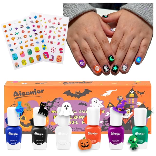 Detalle de Aieenjor Glow-In-The-Dark Kinder-Nagelsticker & Nagellack-Set (140 Sticker, 6 Farben) – ab 2 Jahren