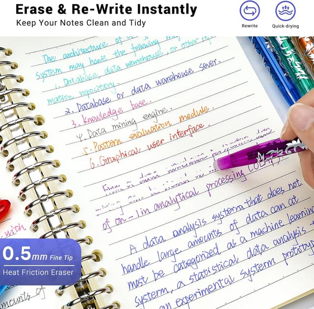 Detalle de KERIFI Rub Out Pens (0.5mm) erasable gel pens with end rubbers – heat-friction handwriting for notes, school & office (8 assorted colours)