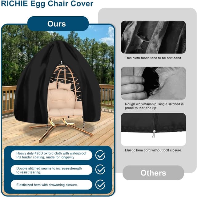Detalle de RICHIE Egg Chair Cover (420D Heavy Duty Oxford) – Waterproof outdoor cocoon swing egg chair cover, 200 x 230cm, black