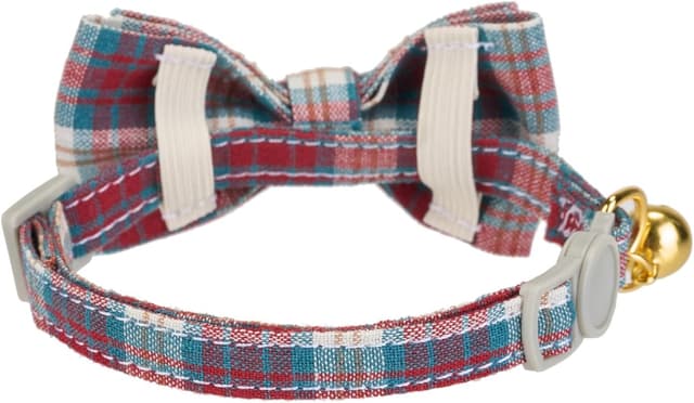 Detalle de YUDOTE 2 Pack Plaid Pet Collar (Red & Beige) with Bow Tie & Bell – Adjustable Fabric Collar for Small Cats