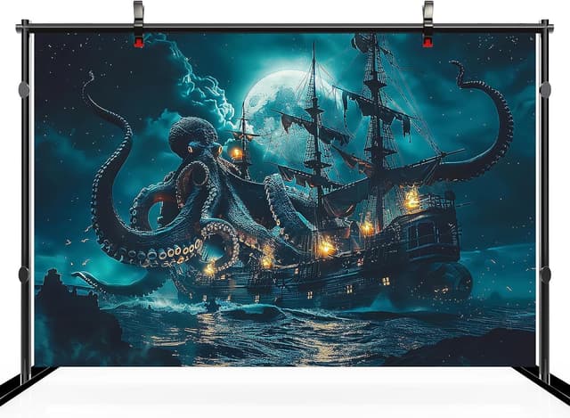 Detalle de 2.1m x 1.5m Halloween Pirate Ship Backdrop with Creepy Octopus (Nautical Horror Theme)