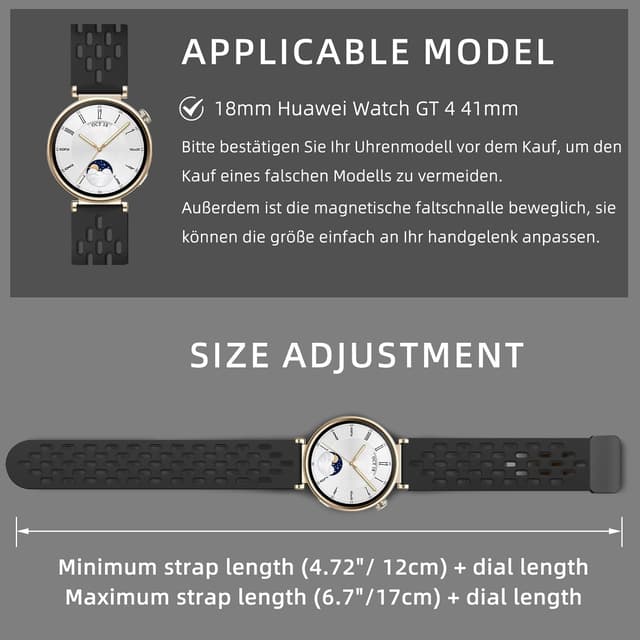 Detalle de MaEiol 18mm Silicone Strap with Magnetic Folding Clasp for Huawei Watch GT 6/5/4 (41mm) and selected Garmin models – Black