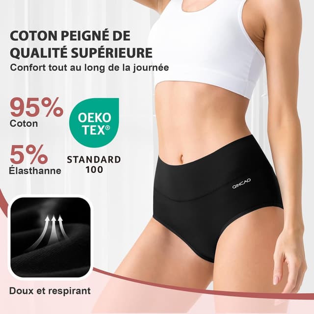 Detalle de QINCAO Culottes femme taille haute en coton (pack de 6) – ceinture élastique double couche, sans étiquette