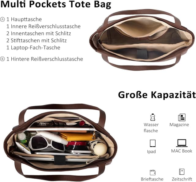 Detalle de befen Echtleder Damen Shopper-Tasche mit 14-Zoll-Laptopfach (Groß) – Henkeltasche mit Reißverschluss