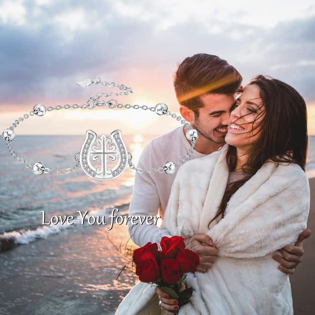 Detalle de J.MUEN Damen-Armband aus 925 Sterling Silber mit Tier-Motiv (Hufeisen & Kreuz) – mit Geschenkbox