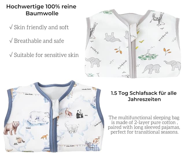 Thumbnail 1 de Chilsuessy Baby-Schlafsack mit Füßen (2er Pack) 1.5 Tog – 100% Baumwolle, Ganzjahres-Schlafsack für 75–85 cm (Giraffenwald)