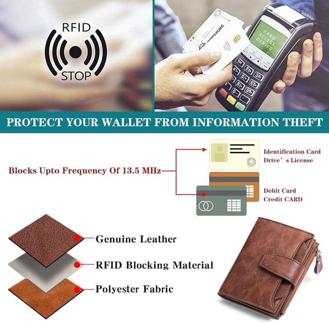 Detalle de SENDEFN women’s RFID blocking leather small bi-fold wallet with zip pocket and ID window