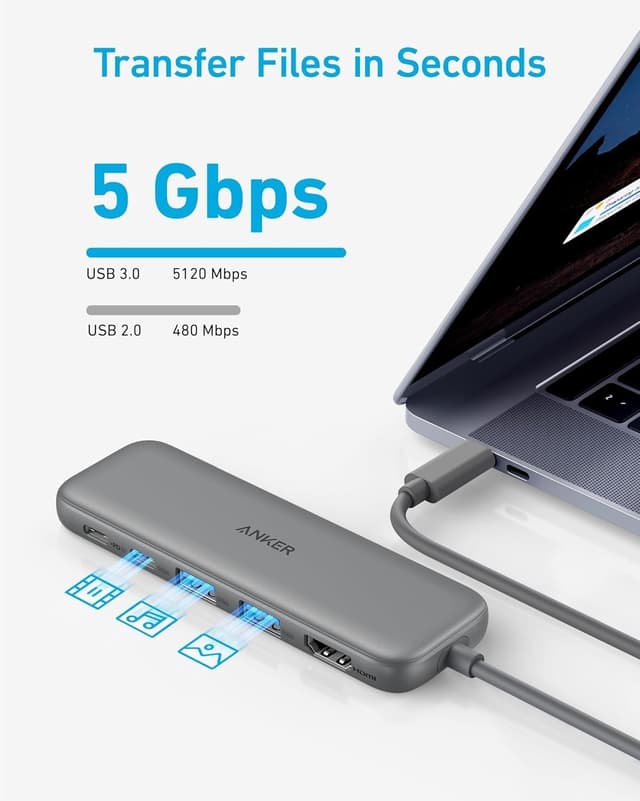 Detalle 2 de Anker USB C Hub 5-in-1 (USB-C to HDMI) with 4K HDMI, 85W pass-through charging and 5Gbps data ports