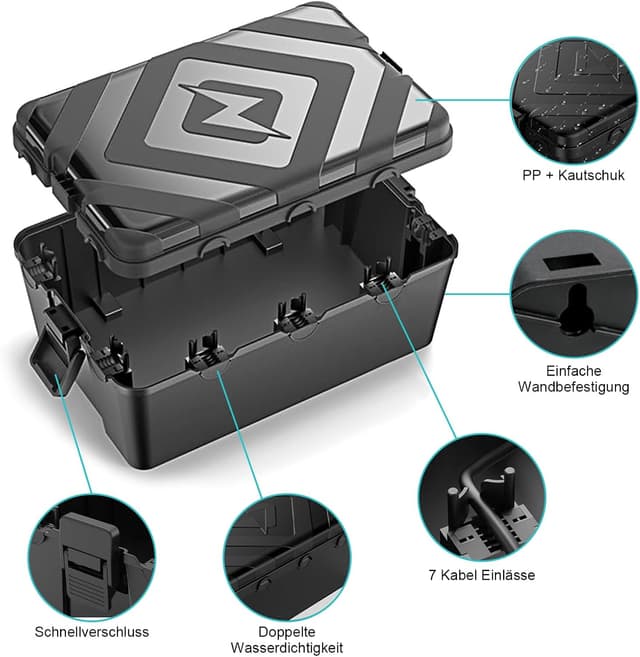 Detalle de Mycketop wasserdichte Outdoor-Kabelbox (extra groß) mit 7 Kabeleingängen für Gartenpumpe & Außenstrom, schwarz