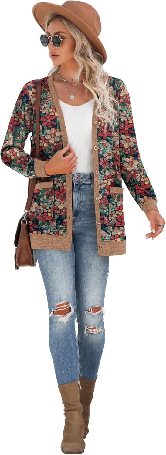 Detalle de GRECERELLE women’s long sleeve open-front cardigan with ribbed knit and pocket