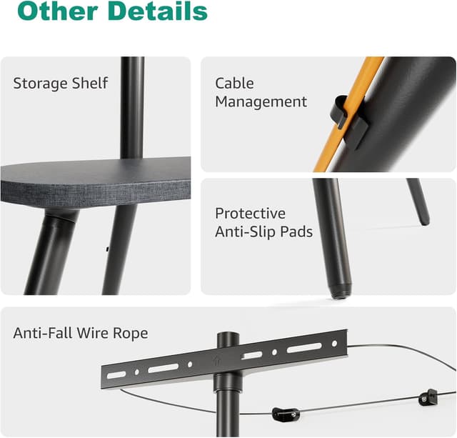 Detalle 2 de ECOTINY Easel Tripod TV Stand (43–65 inch) with Swivel & 7-Stage Height Adjustment and Wooden Tray