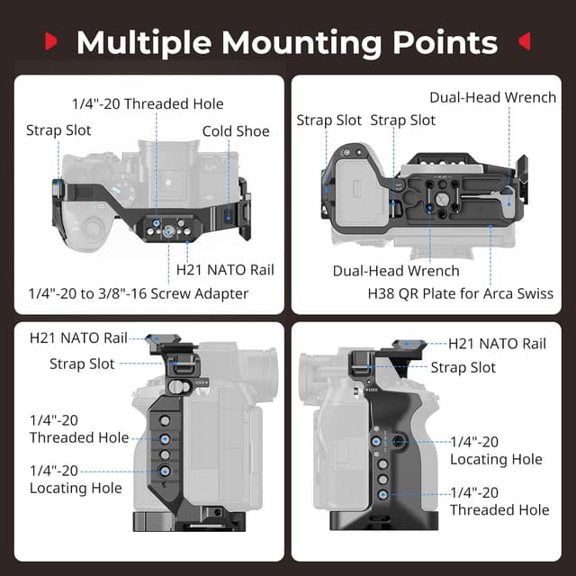 Detalle de SmallRig Alpha 7 V HawkLock Schnellwechselkäfig (6024) mit Arca/NATO, QD-Buchse und Cold Shoe