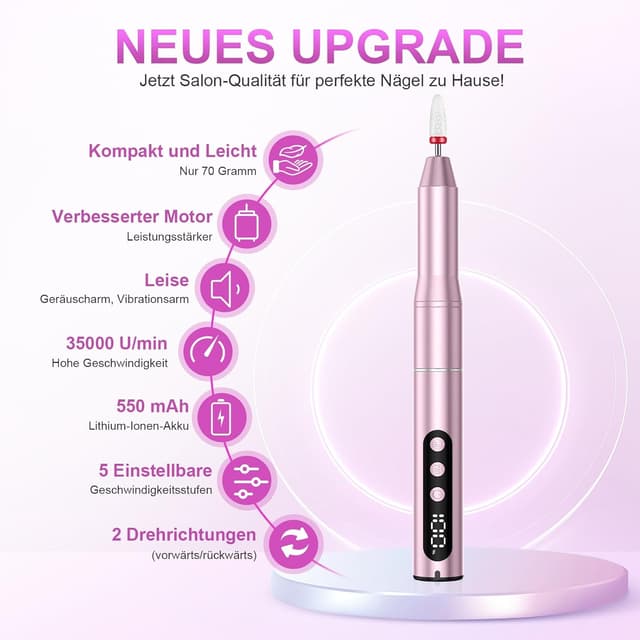 Detalle 2 de POFIBO kabellose elektrische Nagelfeile (Nagelfräser) – 35.000 U/min, 5 Geschwindigkeiten, 12-in-1 Set in Rosa