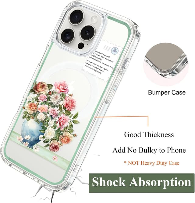 Detalle de Unov iPhone 16 Pro Max MagSafe-compatible clear case with embossed Rose Bouquet design