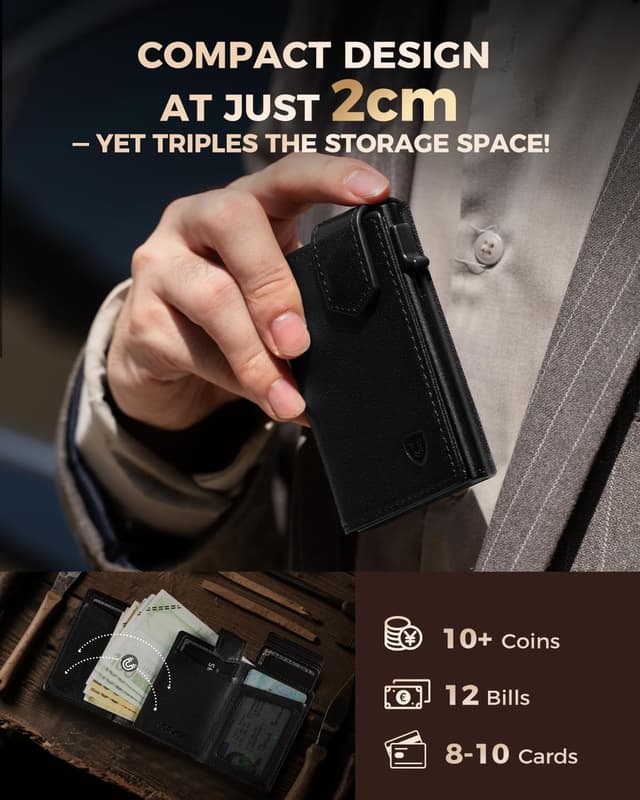 Detalle 2 de LORZOR Magnetic Closure Card Holder with XXL Coin Pocket – Slim Genuine Leather RFID Wallet