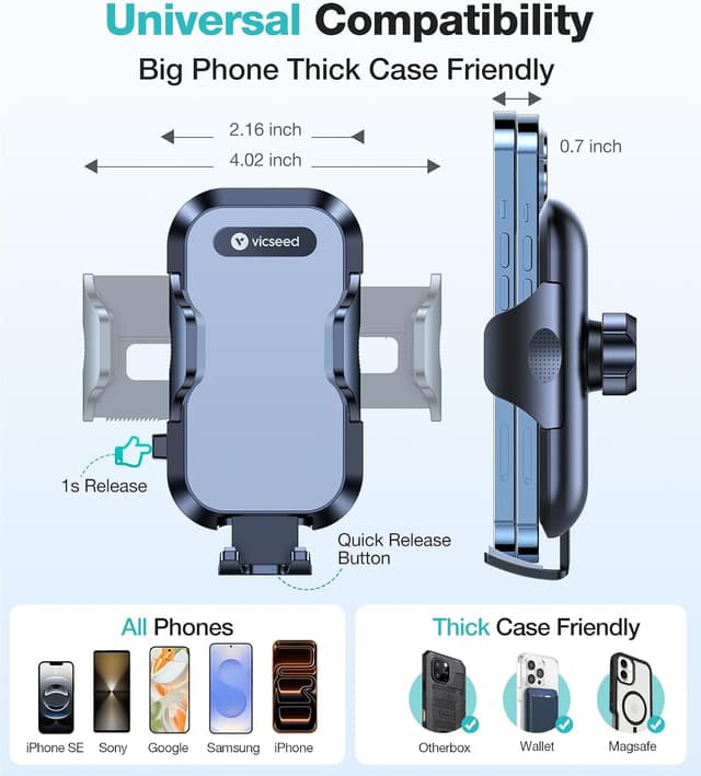 Detalle de VICSEED Upgrade Ultra Stable Car Phone Holder Mount with Double Lock Metal Clip (Universal Air Vent Mount)