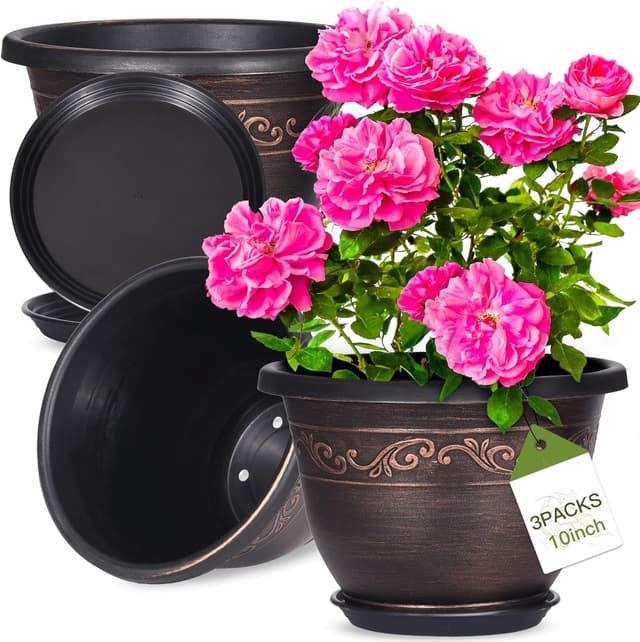 Detalle de Pottiffe 25cm Plastic Plant Flower Planters (3-pack) with Drainage Hole & Saucer