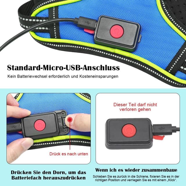 Detalle de Ezierfy leuchtendes LED-Hundegeschirr (wiederaufladbar) mit reflektierender Hundeweste – Anti-Zug, 3 Leuchtmodi, Blau/Grün, Größe L