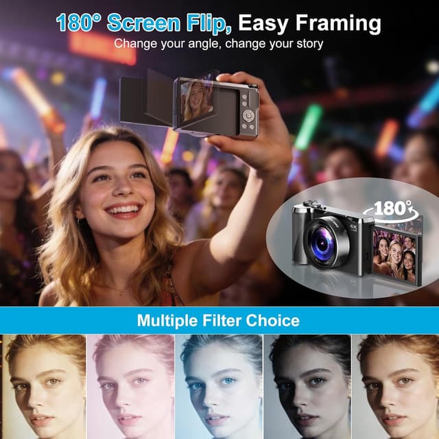 Detalle 2 de 4K Digital Camera for Photography & Travel (56MP Autofocus, 3" 180° Flip Screen, 32GB Card Included)