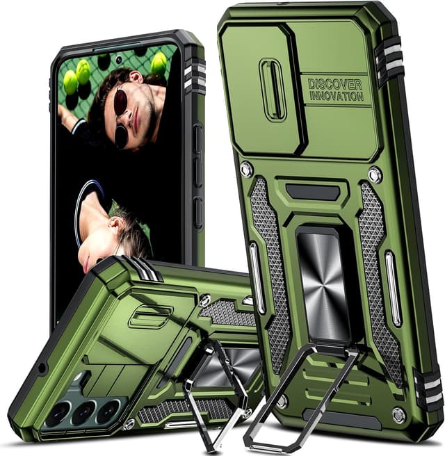 Detalle de LeYi Military-grade phone case for Samsung Galaxy S22 5G (6.1-inch) with slide camera cover and 360° ring stand, O-Green