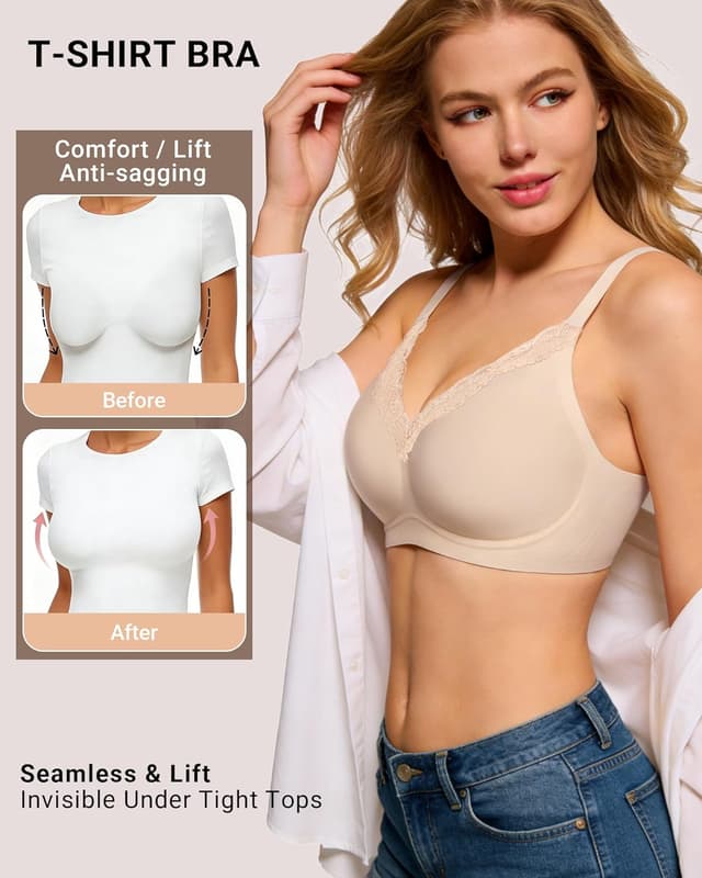 Detalle 2 de HORISUN Wireless No Underwire Bra for Women (V-Neck Lace Trim Jelly Support) – Convertible U-Back & Racerback