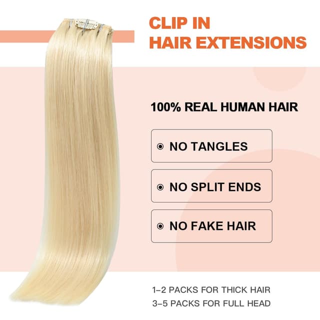 Detalle de UGOTRAYS Platinum Blonde Clip-In Hair Extensions (22 Inch, 7pcs, 115g) Real Human Hair Straight #60