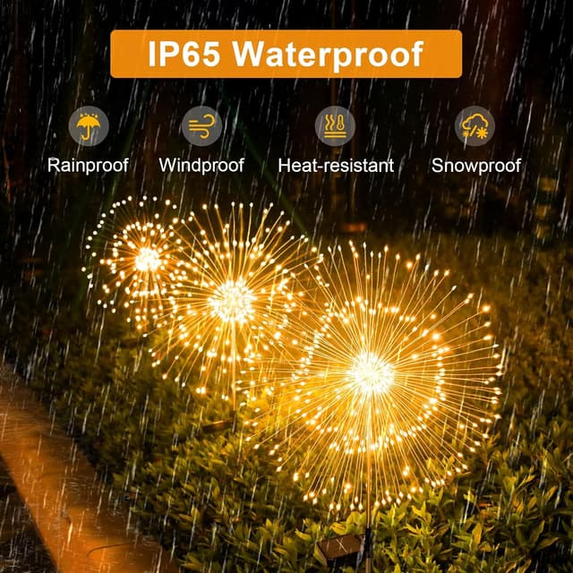 Detalle de Solar Lights Outdoor Garden Solar Firework Starburst Stake Lights (120 LEDs, 8 Modes) – 4 Packs, Warm White