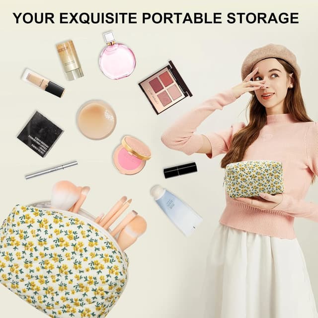 Detalle 2 de Long Keeper Floral Small Makeup Bag (Yellow) – Portable Cosmetic & Toiletry Pouch
