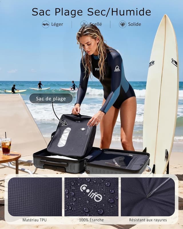 Detalle 2 de COOLIFE Valise cabine 55 x 35 x 20 cm + sac sous vide, serrure TSA et 4 roulettes jumelées (gris)